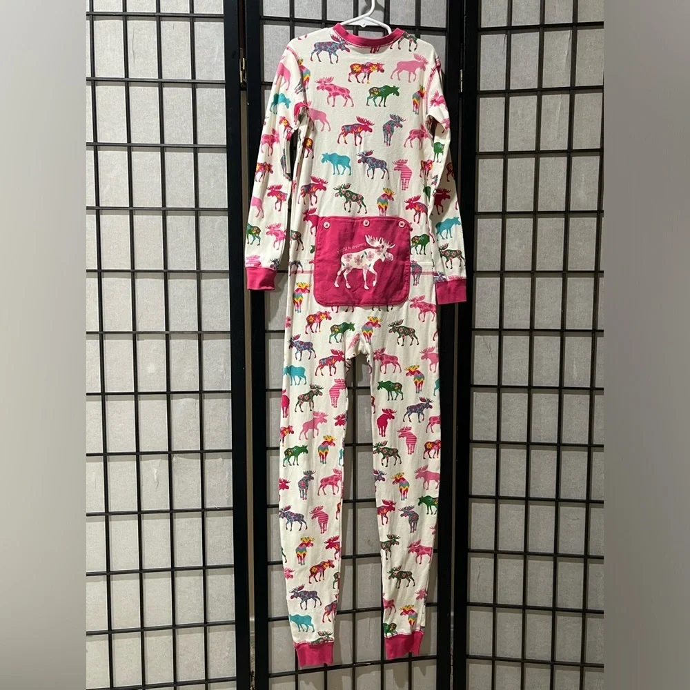 HATLEY LITTLE BLUE HOUSE MOOSE PATTERNED KIDS UNION SUIT PAJAMAS, GIRLS SIZE 10